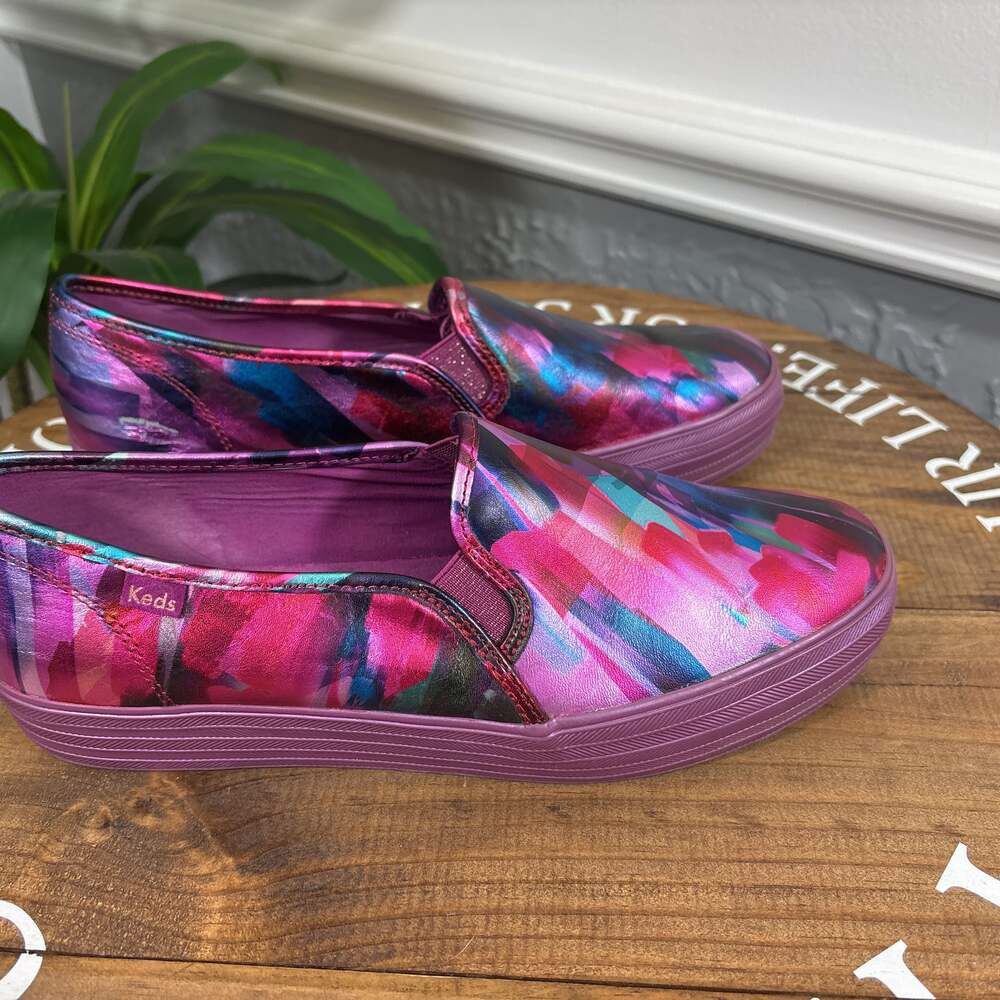 Keds Slip-On Sneakers in Magenta, Teal & Blue Brushstroke Print - Picture 3 of 12